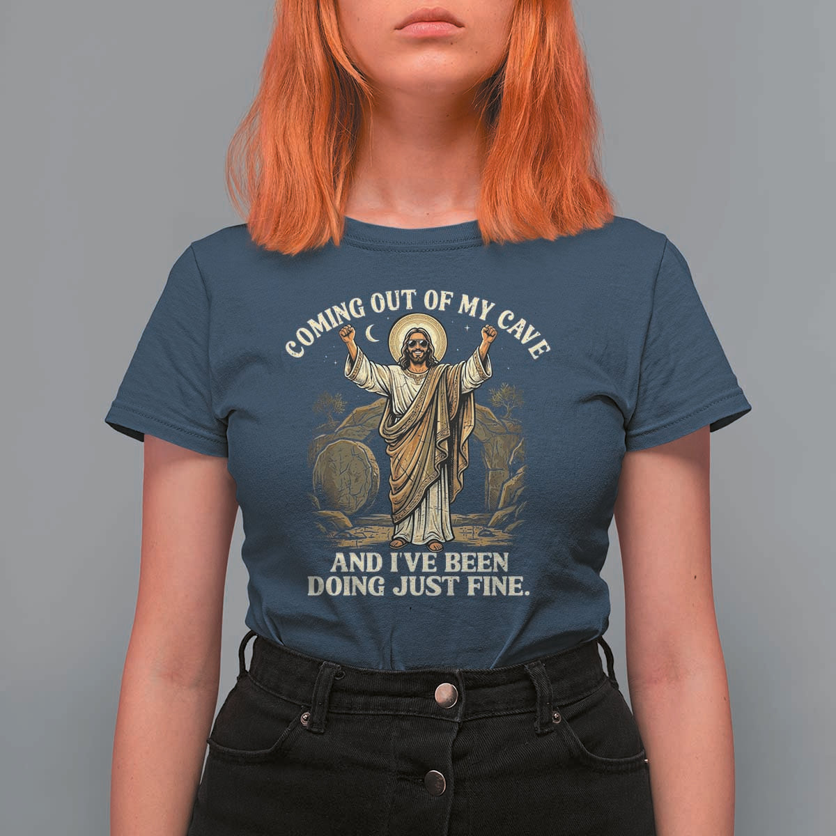 Coming Out Of My Cave Christian Easter T Shirt For Women Risen Jesus Tomb Scene Inspirational Faith Message Gift