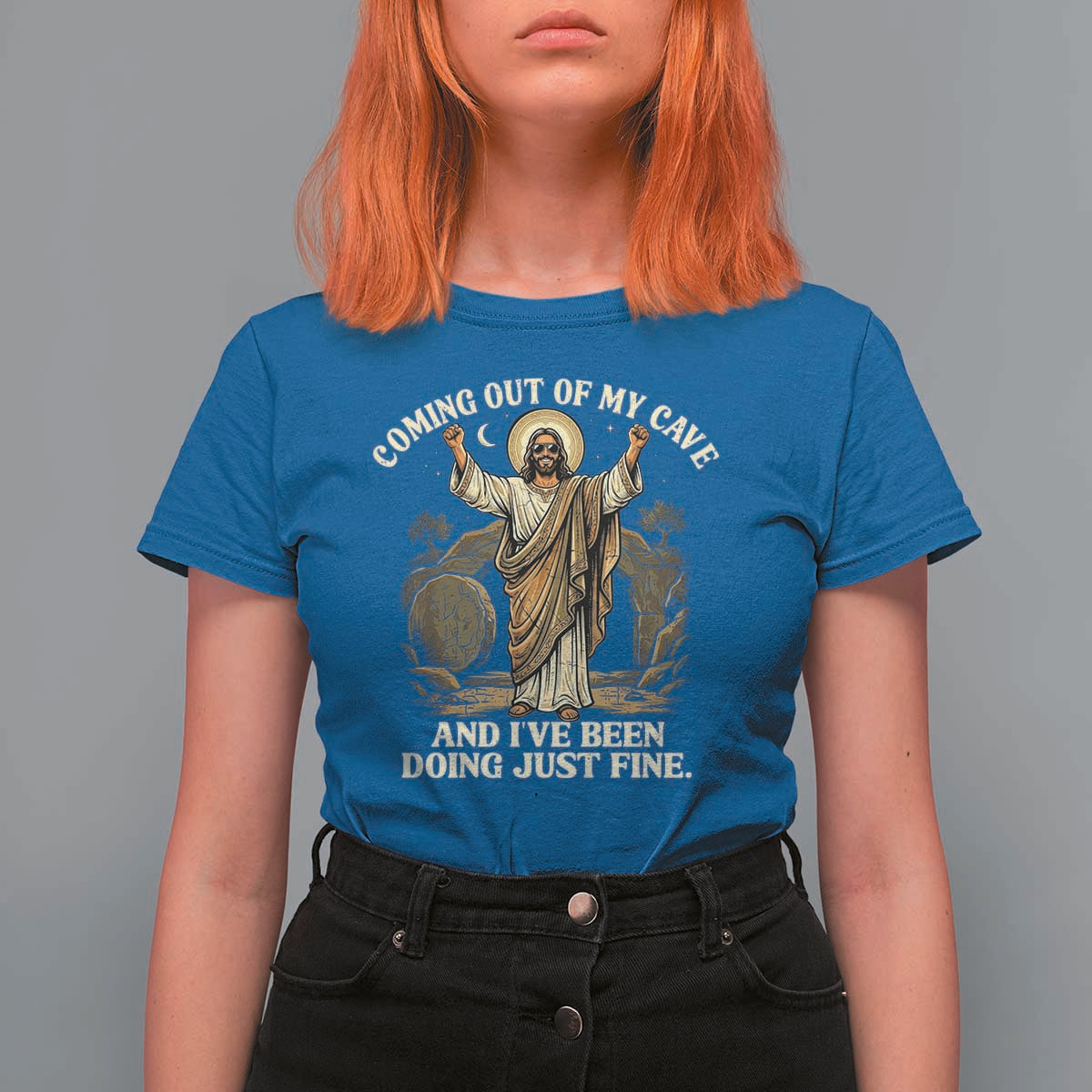 Coming Out Of My Cave Christian Easter T Shirt For Women Risen Jesus Tomb Scene Inspirational Faith Message Gift