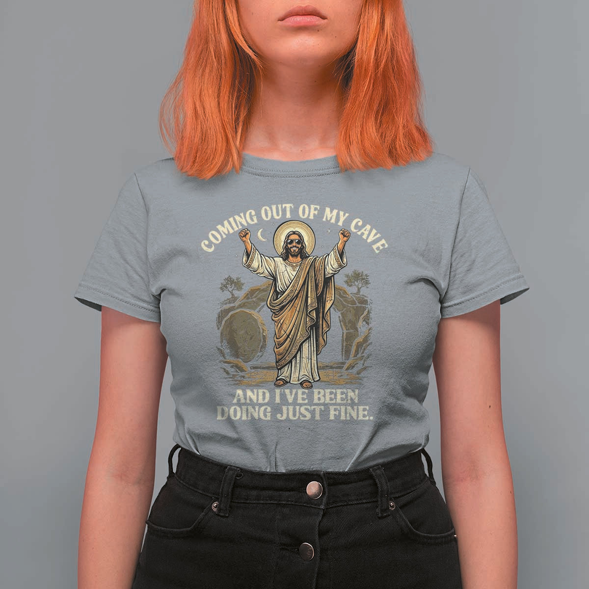 Coming Out Of My Cave Christian Easter T Shirt For Women Risen Jesus Tomb Scene Inspirational Faith Message Gift