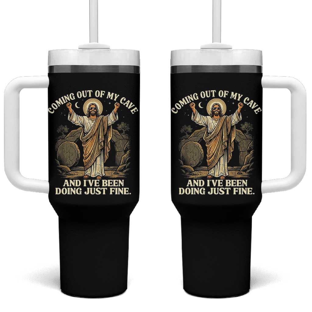 Coming Out Of My Cave Christian Easter Tumbler With Handle Risen Jesus Tomb Scene Inspirational Faith Message Gift