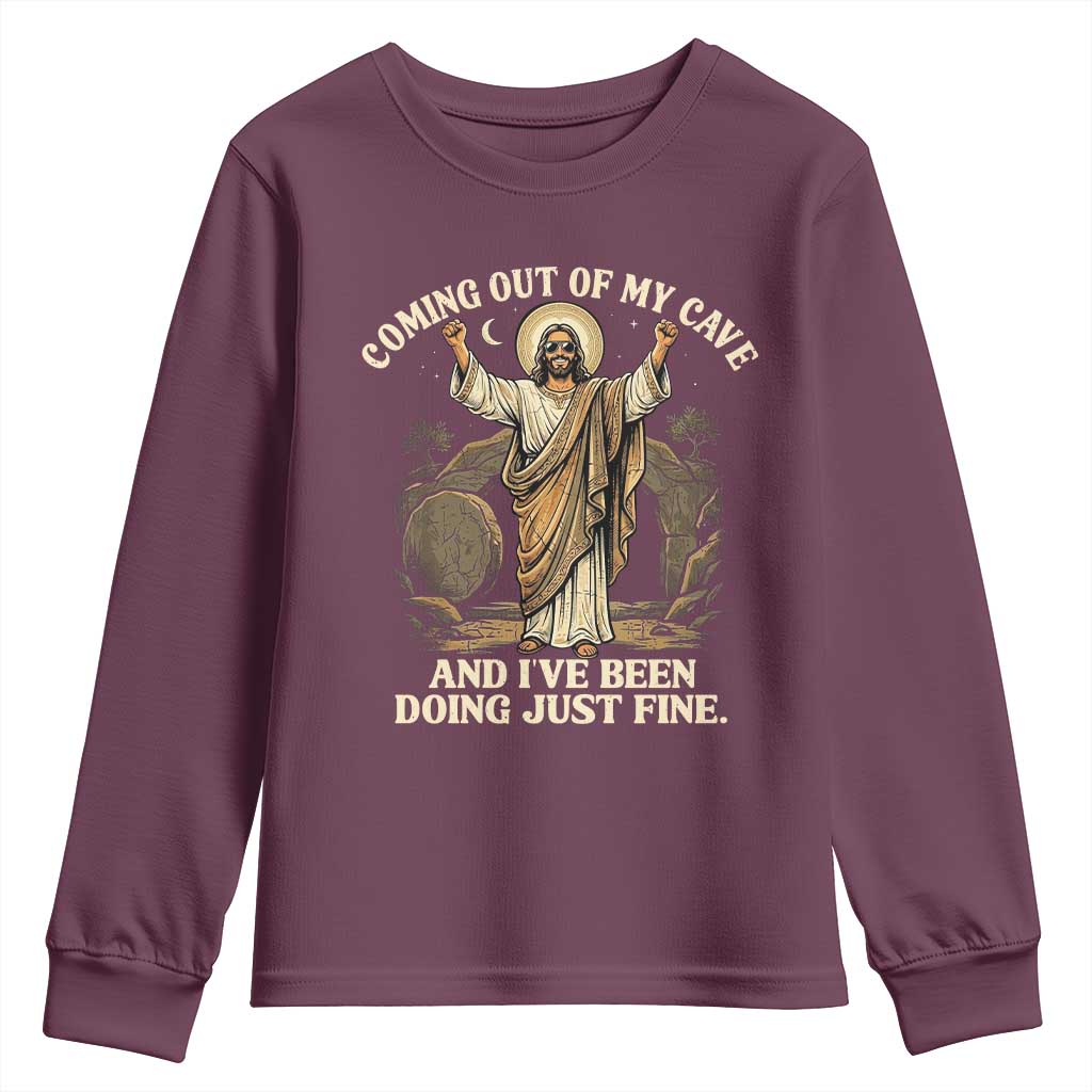 Coming Out Of My Cave Christian Easter Youth Sweatshirt Risen Jesus Tomb Scene Inspirational Faith Message Gift