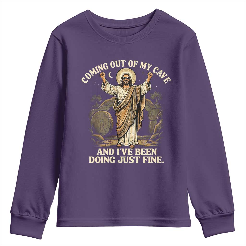 Coming Out Of My Cave Christian Easter Youth Sweatshirt Risen Jesus Tomb Scene Inspirational Faith Message Gift