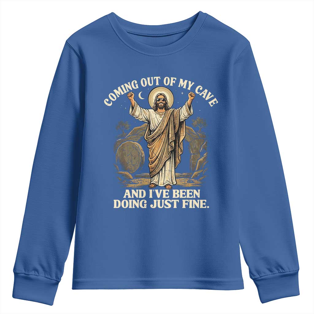 Coming Out Of My Cave Christian Easter Youth Sweatshirt Risen Jesus Tomb Scene Inspirational Faith Message Gift