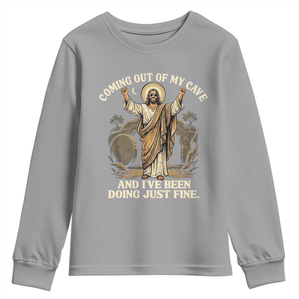 Coming Out Of My Cave Christian Easter Youth Sweatshirt Risen Jesus Tomb Scene Inspirational Faith Message Gift