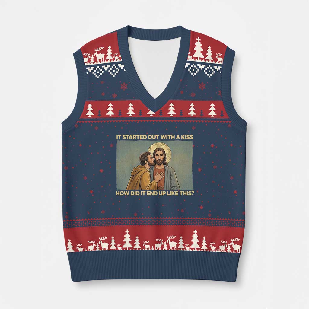 It Started Out With A Kiss Christian Easter V-Neck Knit Sweater Vest Judas Betrayal Biblical Scene Faith Reflection Gift
