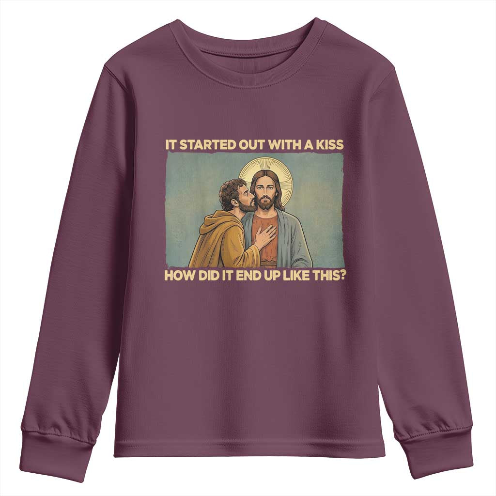 It Started Out With A Kiss Christian Easter Youth Sweatshirt Judas Betrayal Biblical Scene Faith Reflection Gift
