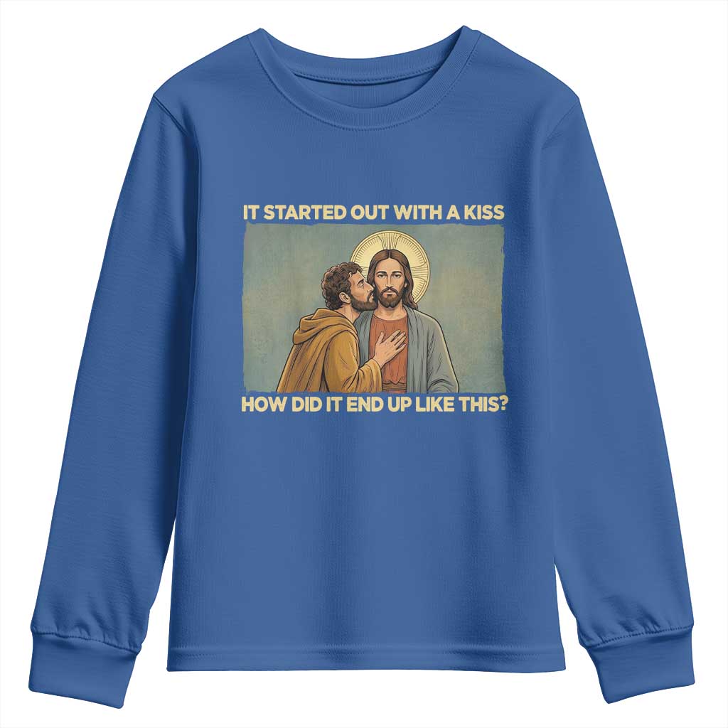 It Started Out With A Kiss Christian Easter Youth Sweatshirt Judas Betrayal Biblical Scene Faith Reflection Gift