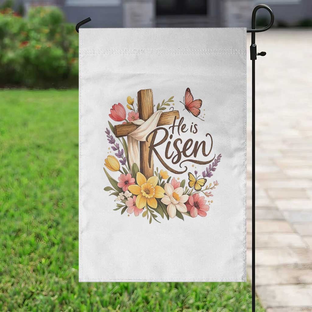He Is Risen Floral Cross Christian Easter Garden Flag Spring Flowers Butterfly Faith Inspirational Gift