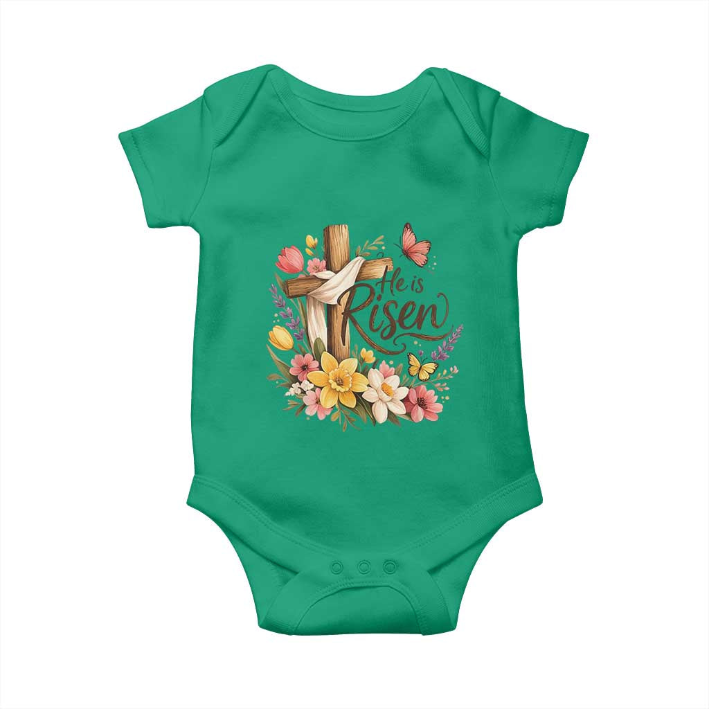 He Is Risen Floral Cross Christian Easter Baby Onesie Spring Flowers Butterfly Faith Inspirational Gift