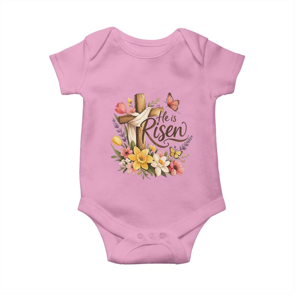 He Is Risen Floral Cross Christian Easter Baby Onesie Spring Flowers Butterfly Faith Inspirational Gift