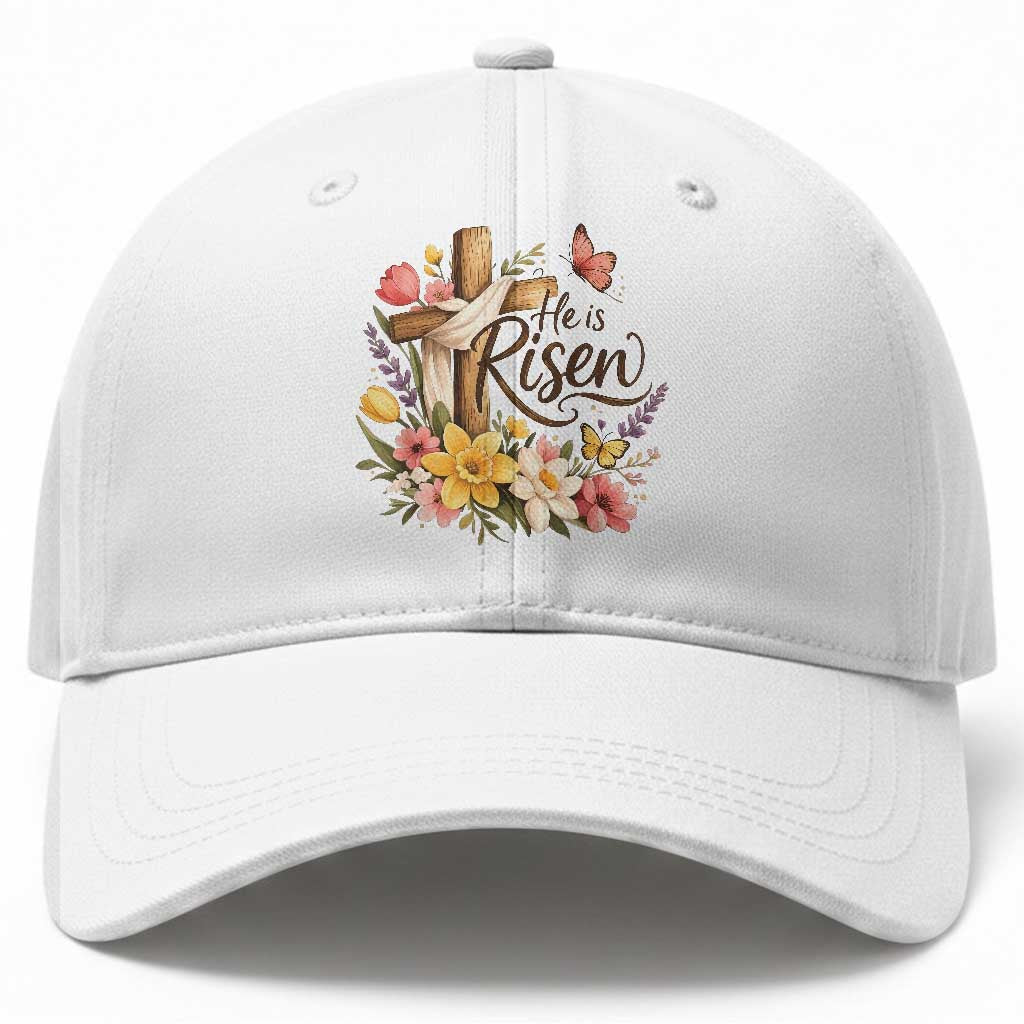 He Is Risen Floral Cross Christian Easter Baseball Cap Spring Flowers Butterfly Faith Inspirational Gift