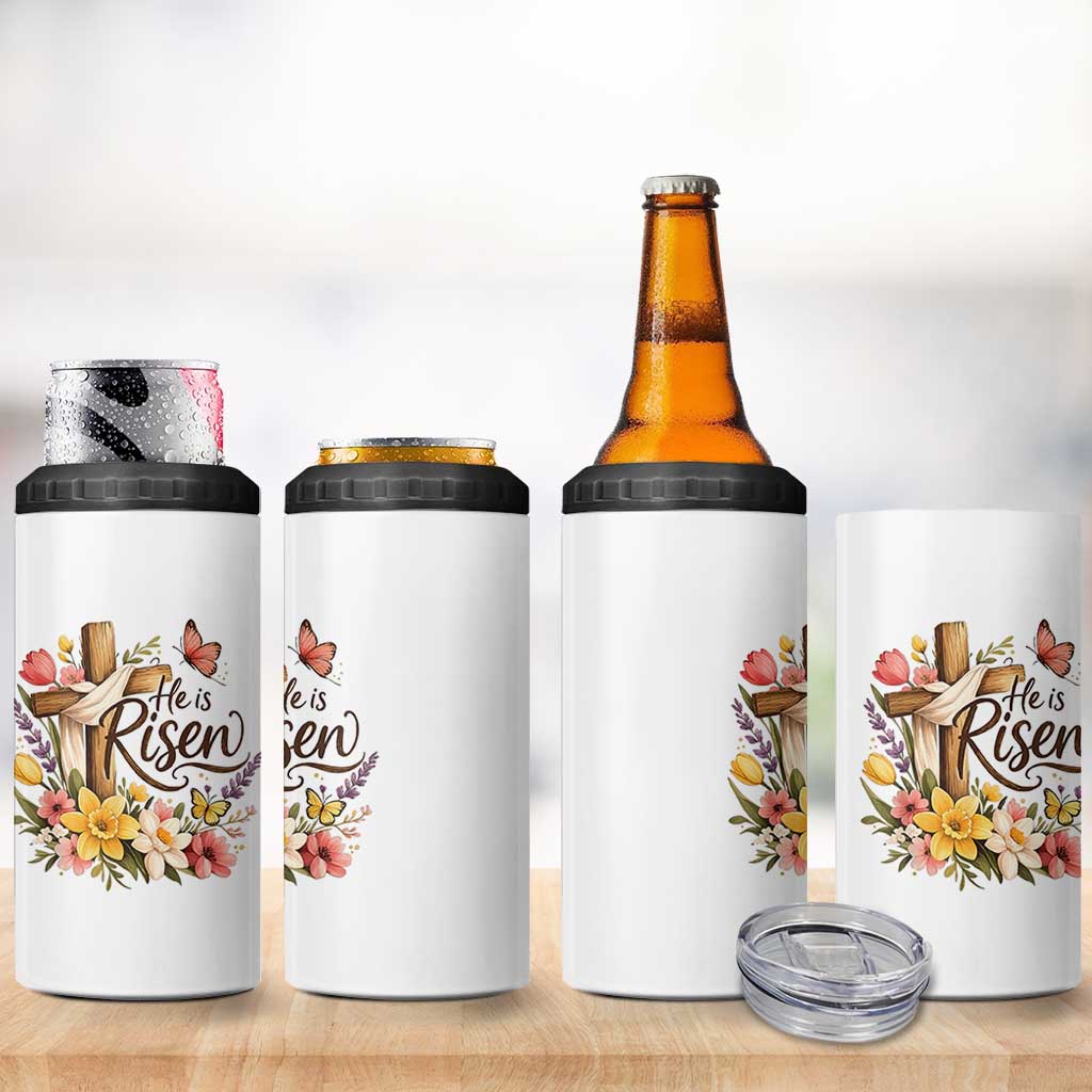 He Is Risen Floral Cross Christian Easter 4 in 1 Can Cooler Tumbler Spring Flowers Butterfly Faith Inspirational Gift