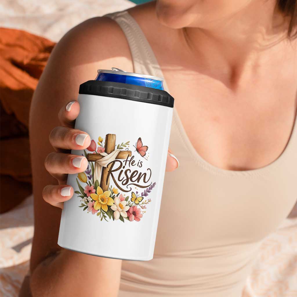 He Is Risen Floral Cross Christian Easter 4 in 1 Can Cooler Tumbler Spring Flowers Butterfly Faith Inspirational Gift