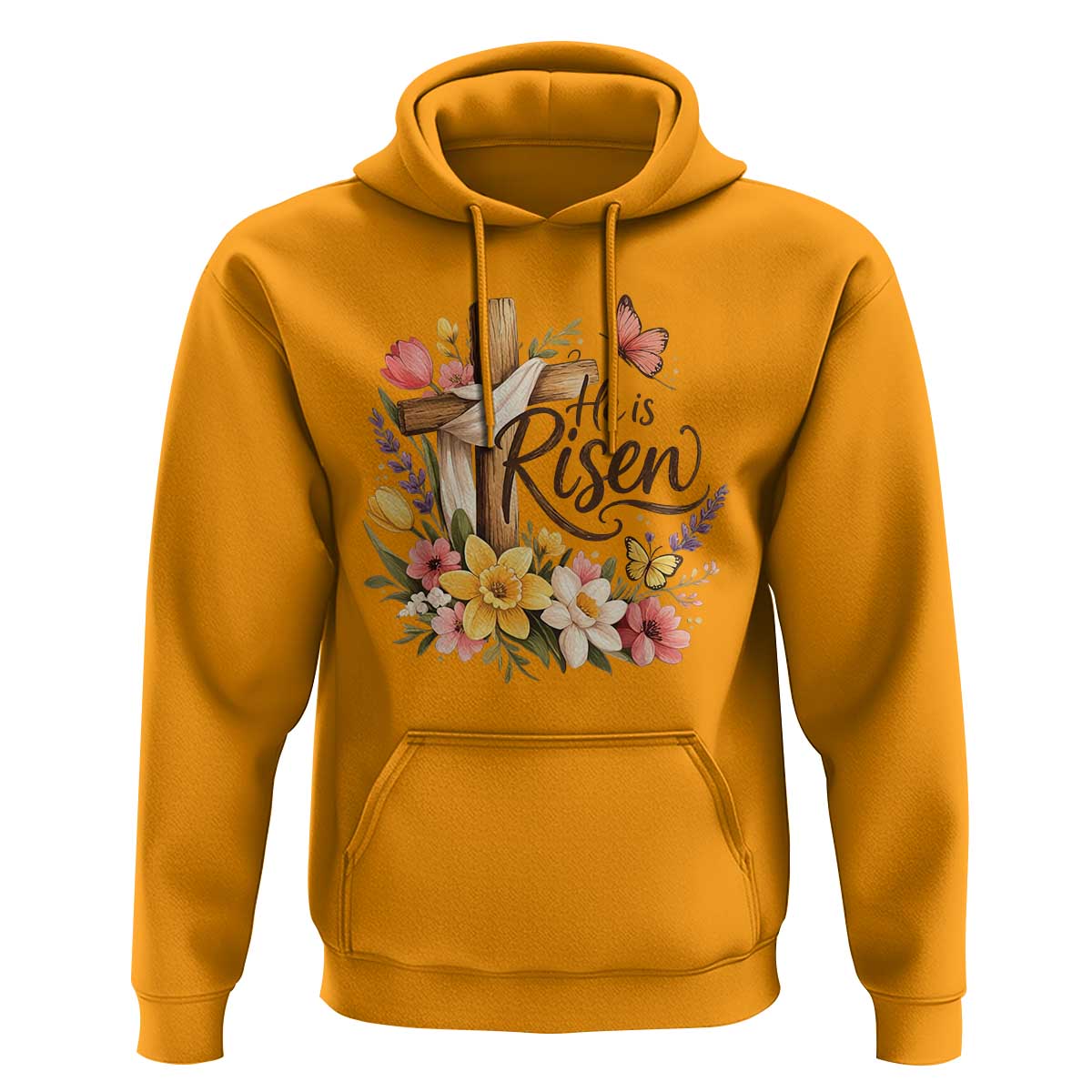 He Is Risen Floral Cross Christian Easter Hoodie Spring Flowers Butterfly Faith Inspirational Gift