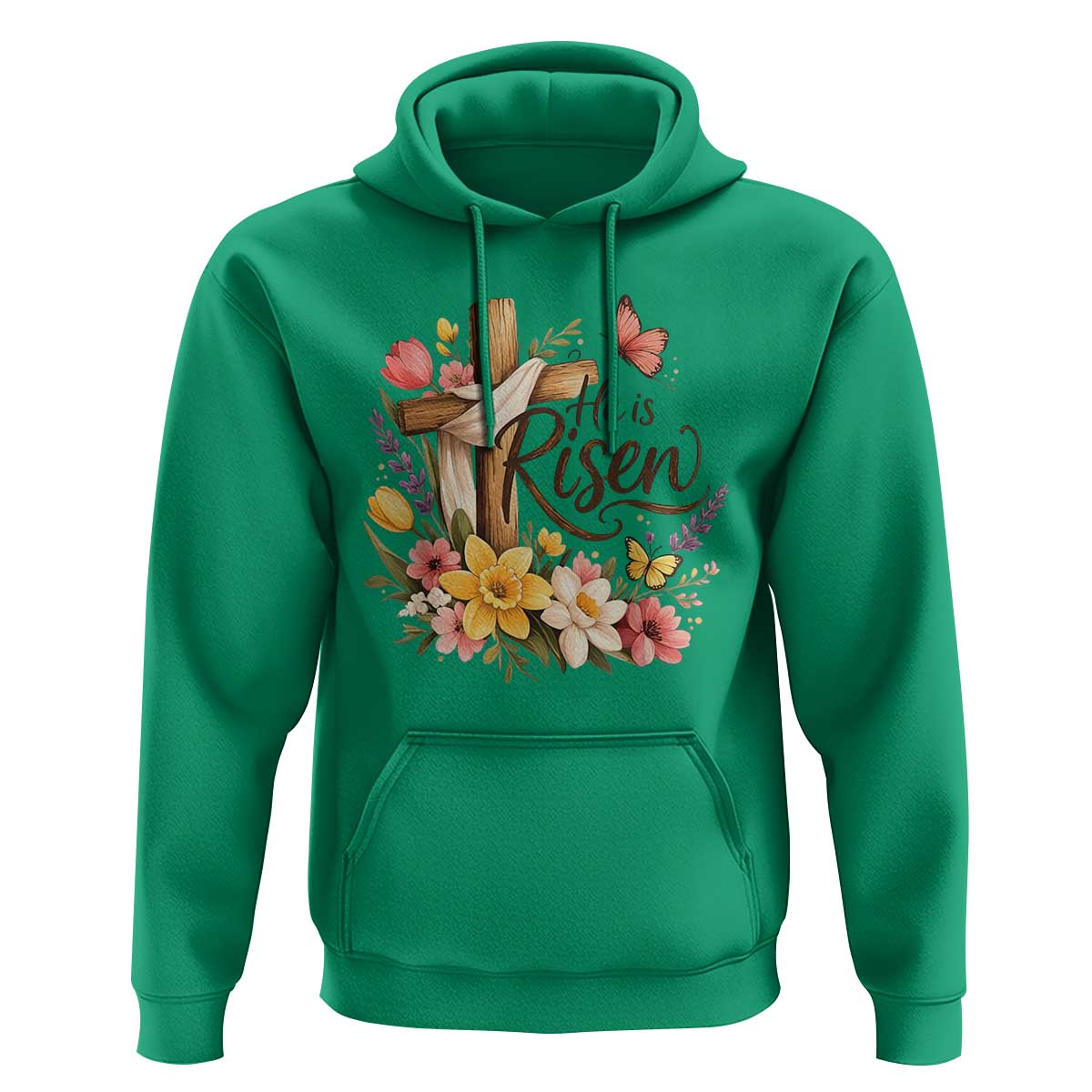 He Is Risen Floral Cross Christian Easter Hoodie Spring Flowers Butterfly Faith Inspirational Gift