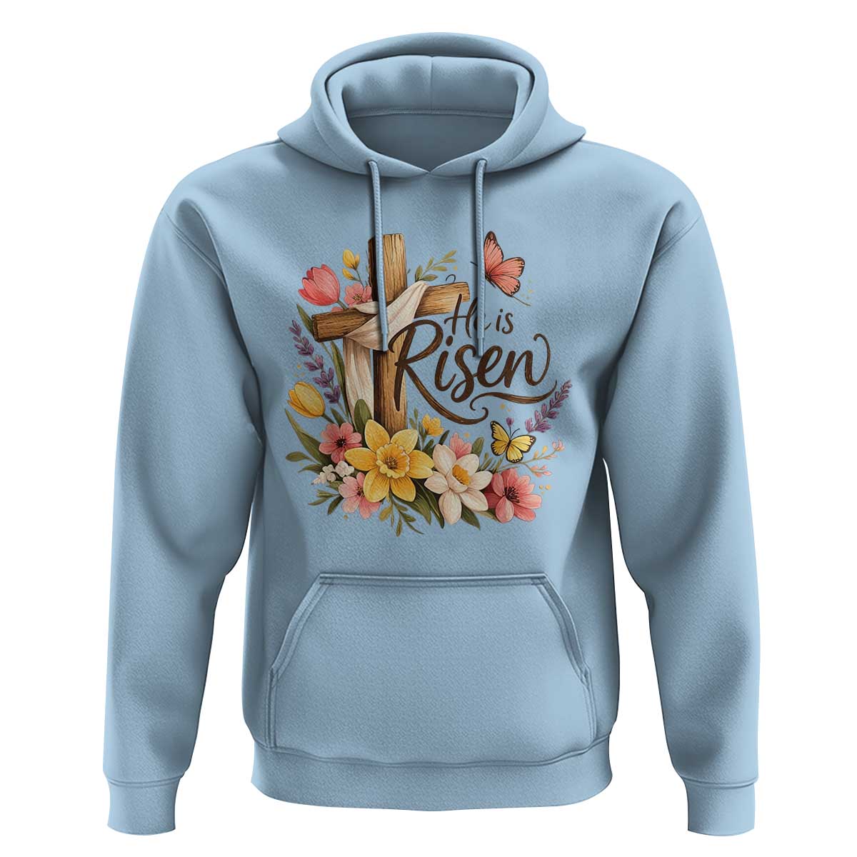 He Is Risen Floral Cross Christian Easter Hoodie Spring Flowers Butterfly Faith Inspirational Gift