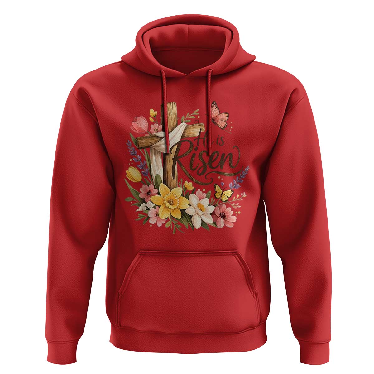 He Is Risen Floral Cross Christian Easter Hoodie Spring Flowers Butterfly Faith Inspirational Gift