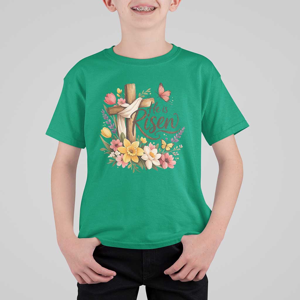 He Is Risen Floral Cross Christian Easter T Shirt For Kid Spring Flowers Butterfly Faith Inspirational Gift
