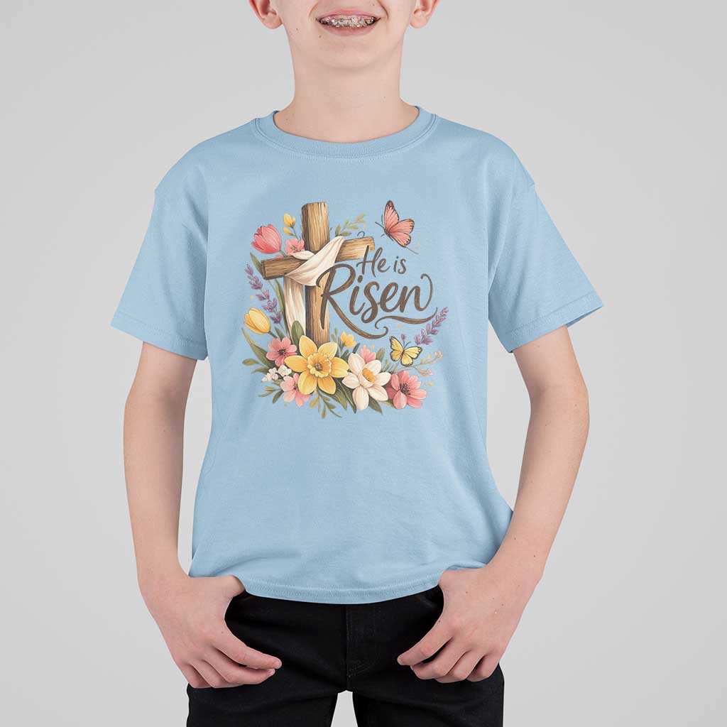 He Is Risen Floral Cross Christian Easter T Shirt For Kid Spring Flowers Butterfly Faith Inspirational Gift
