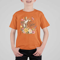 He Is Risen Floral Cross Christian Easter T Shirt For Kid Spring Flowers Butterfly Faith Inspirational Gift