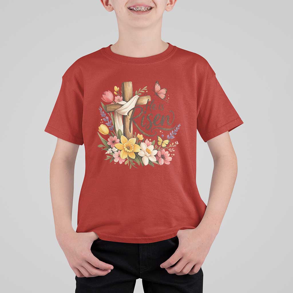 He Is Risen Floral Cross Christian Easter T Shirt For Kid Spring Flowers Butterfly Faith Inspirational Gift