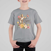 He Is Risen Floral Cross Christian Easter T Shirt For Kid Spring Flowers Butterfly Faith Inspirational Gift