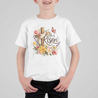 He Is Risen Floral Cross Christian Easter T Shirt For Kid Spring Flowers Butterfly Faith Inspirational Gift