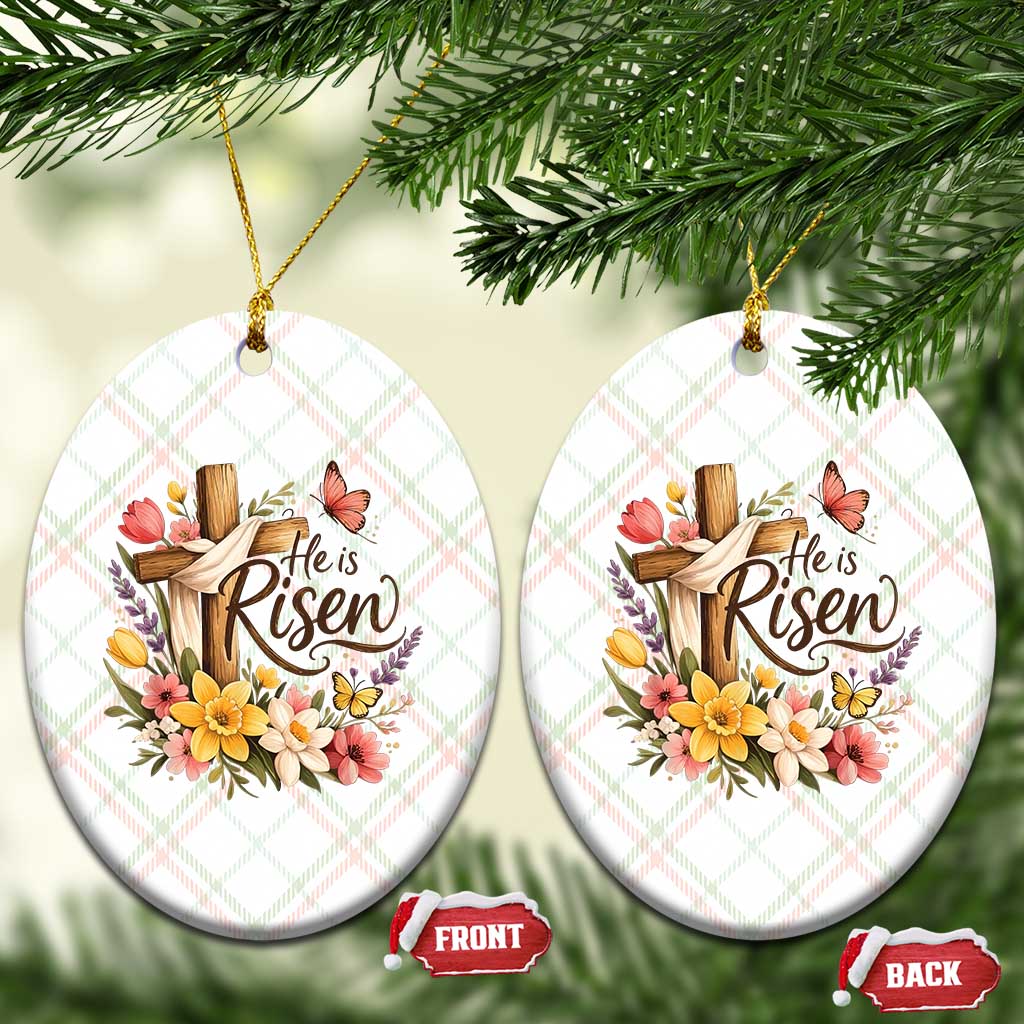 He Is Risen Floral Cross Christian Easter Ceramic Ornament Spring Flowers Butterfly Faith Inspirational Gift