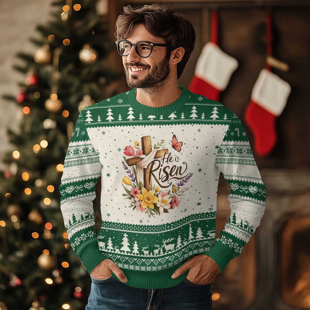 He Is Risen Floral Cross Christian Easter Ugly Christmas Sweater Spring Flowers Butterfly Faith Inspirational Gift