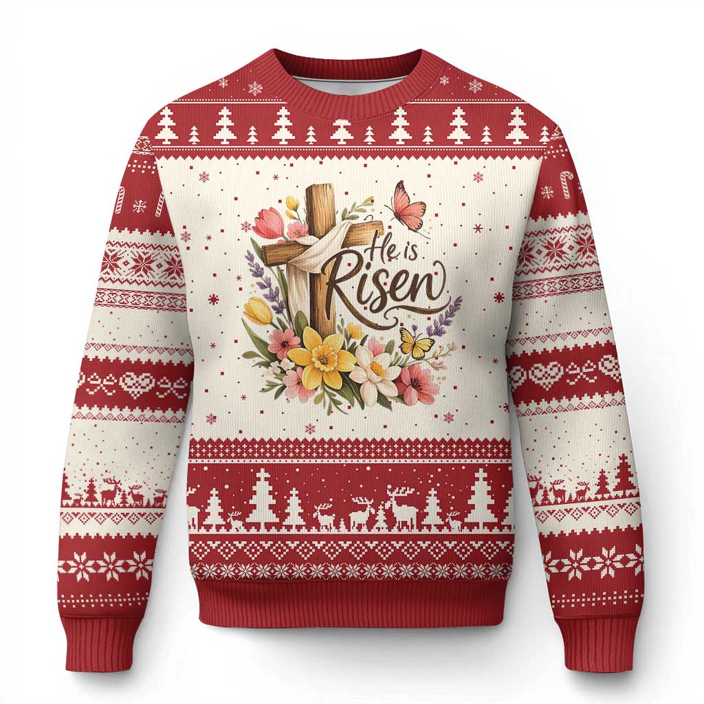 He Is Risen Floral Cross Christian Easter Ugly Christmas Sweater Spring Flowers Butterfly Faith Inspirational Gift