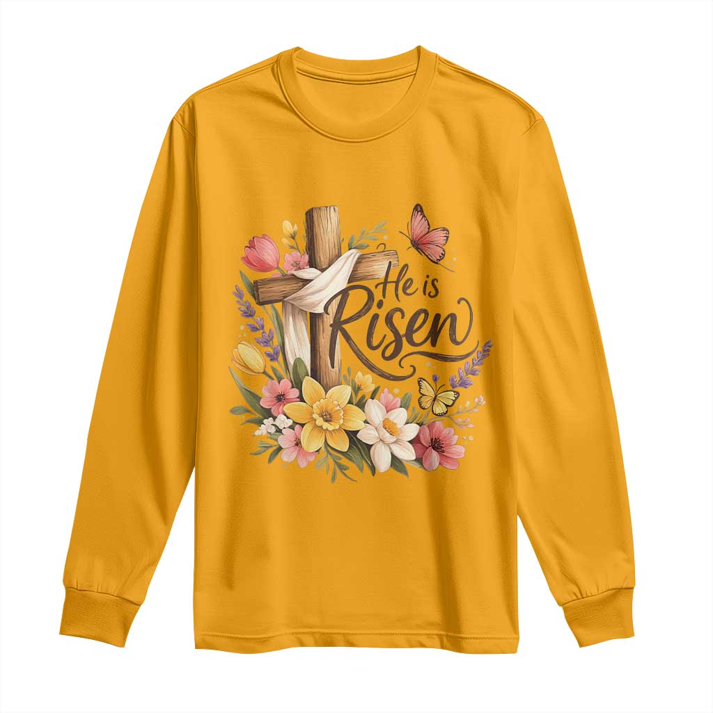 He Is Risen Floral Cross Christian Easter Long Sleeve Shirt Spring Flowers Butterfly Faith Inspirational Gift