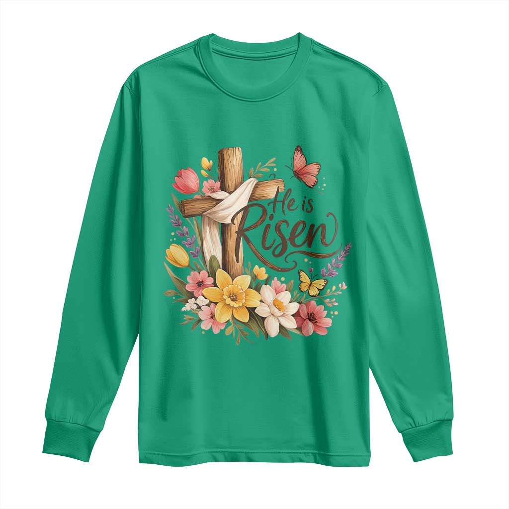 He Is Risen Floral Cross Christian Easter Long Sleeve Shirt Spring Flowers Butterfly Faith Inspirational Gift
