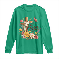 He Is Risen Floral Cross Christian Easter Long Sleeve Shirt Spring Flowers Butterfly Faith Inspirational Gift