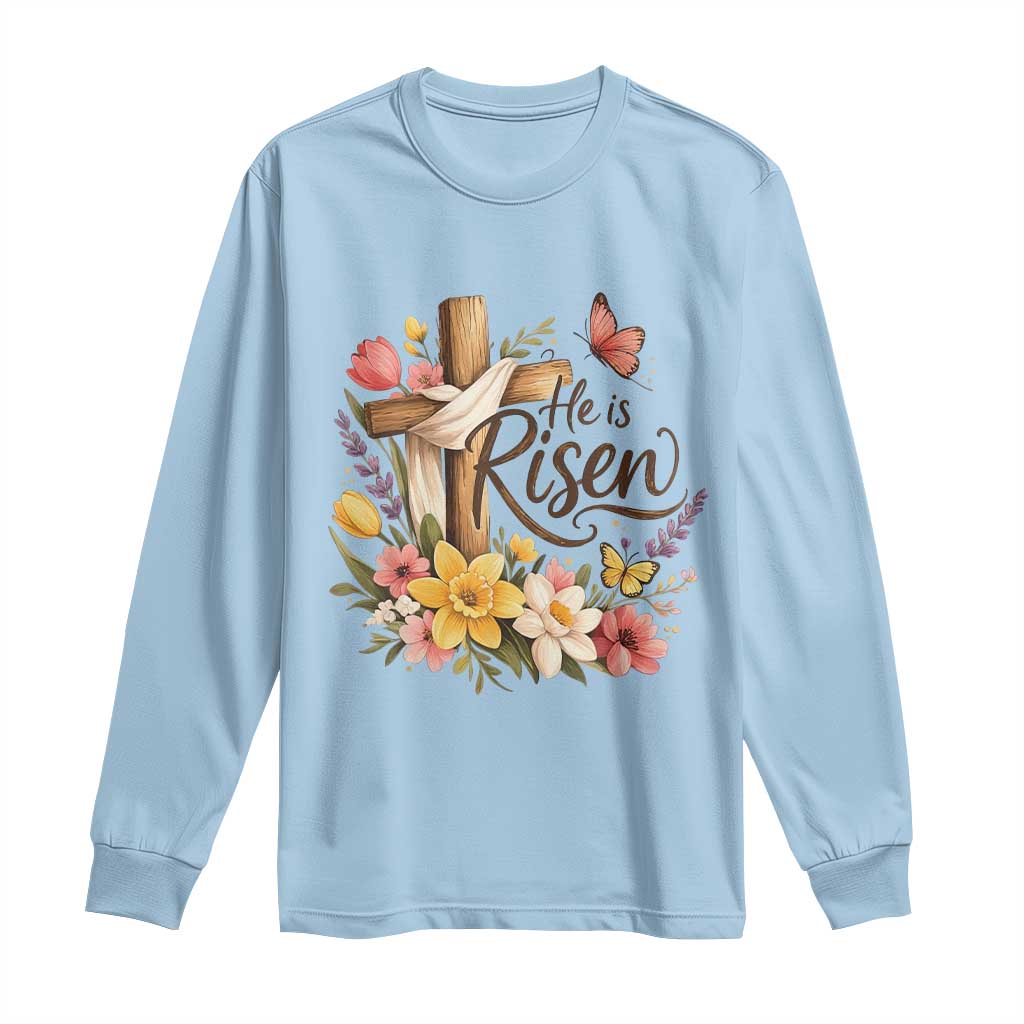 He Is Risen Floral Cross Christian Easter Long Sleeve Shirt Spring Flowers Butterfly Faith Inspirational Gift
