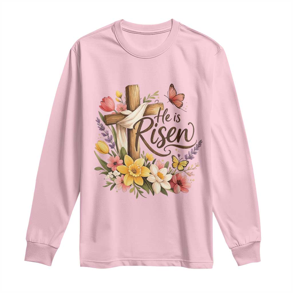 He Is Risen Floral Cross Christian Easter Long Sleeve Shirt Spring Flowers Butterfly Faith Inspirational Gift