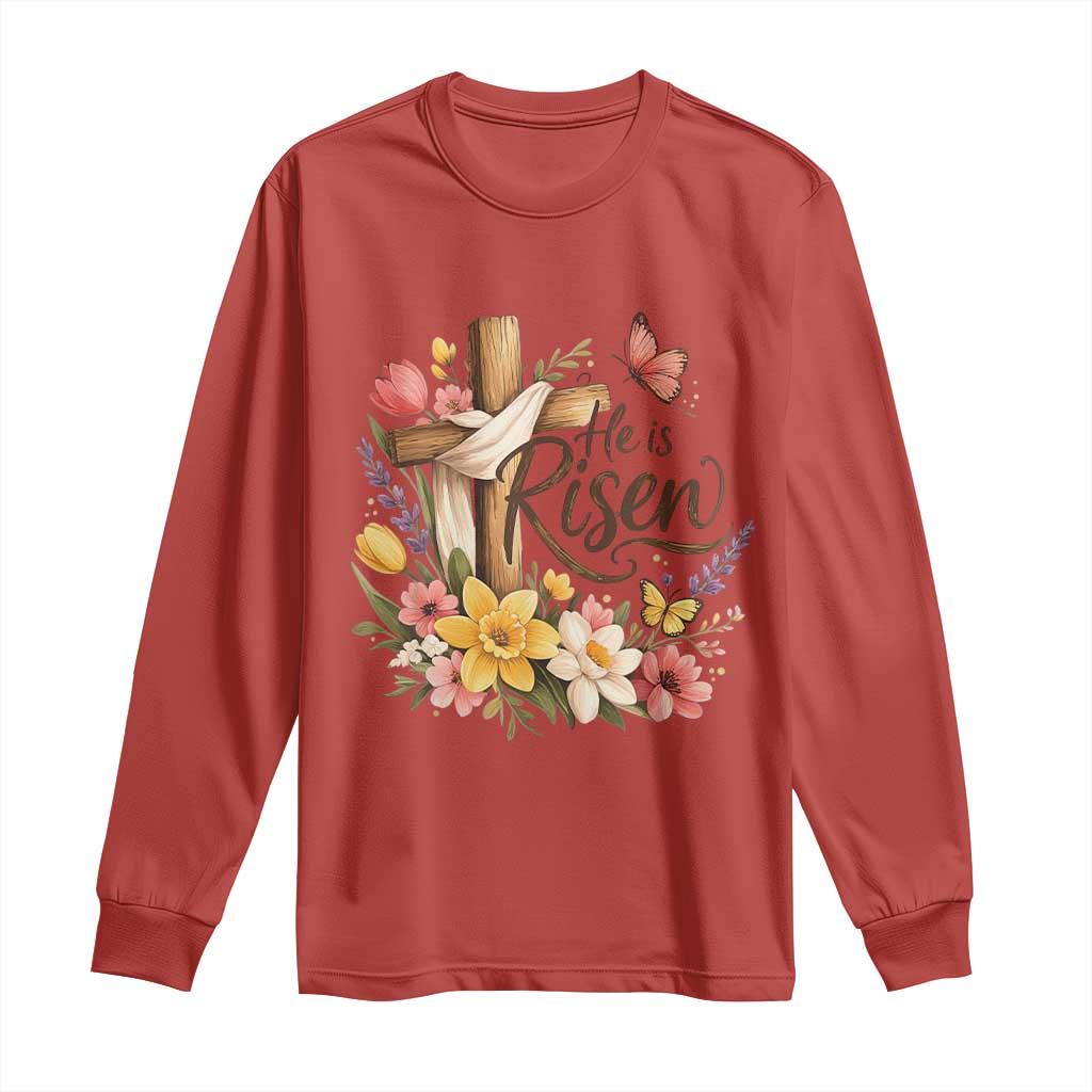 He Is Risen Floral Cross Christian Easter Long Sleeve Shirt Spring Flowers Butterfly Faith Inspirational Gift
