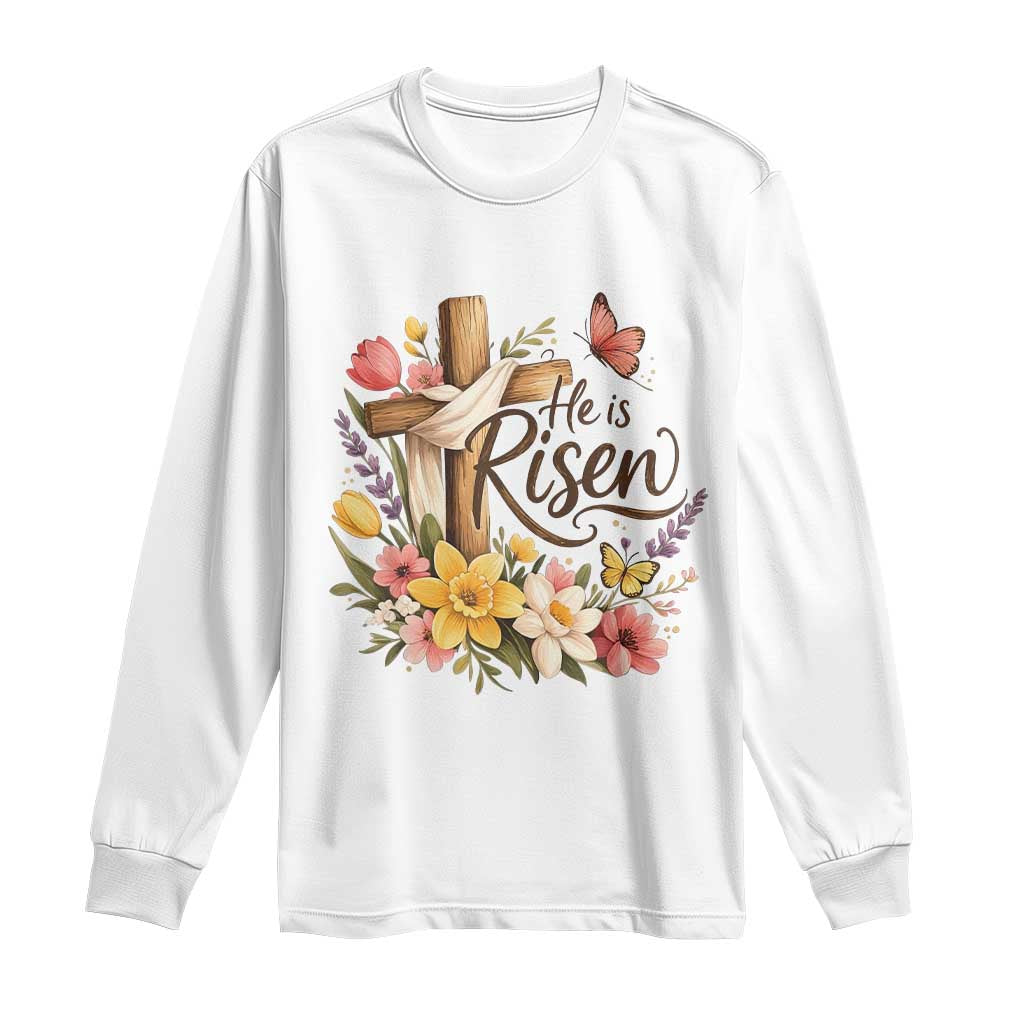 He Is Risen Floral Cross Christian Easter Long Sleeve Shirt Spring Flowers Butterfly Faith Inspirational Gift