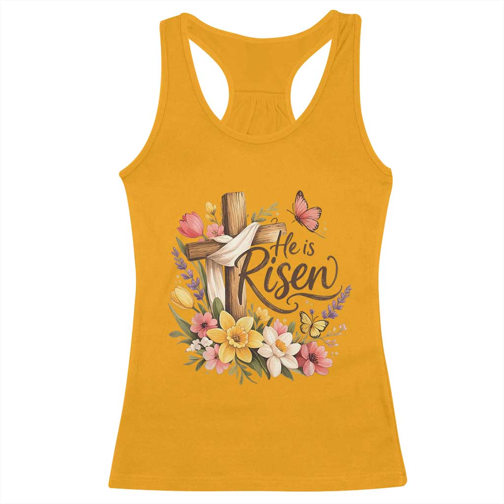 He Is Risen Floral Cross Christian Easter Racerback Tank Top Spring Flowers Butterfly Faith Inspirational Gift