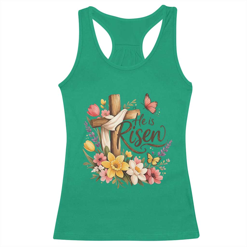 He Is Risen Floral Cross Christian Easter Racerback Tank Top Spring Flowers Butterfly Faith Inspirational Gift