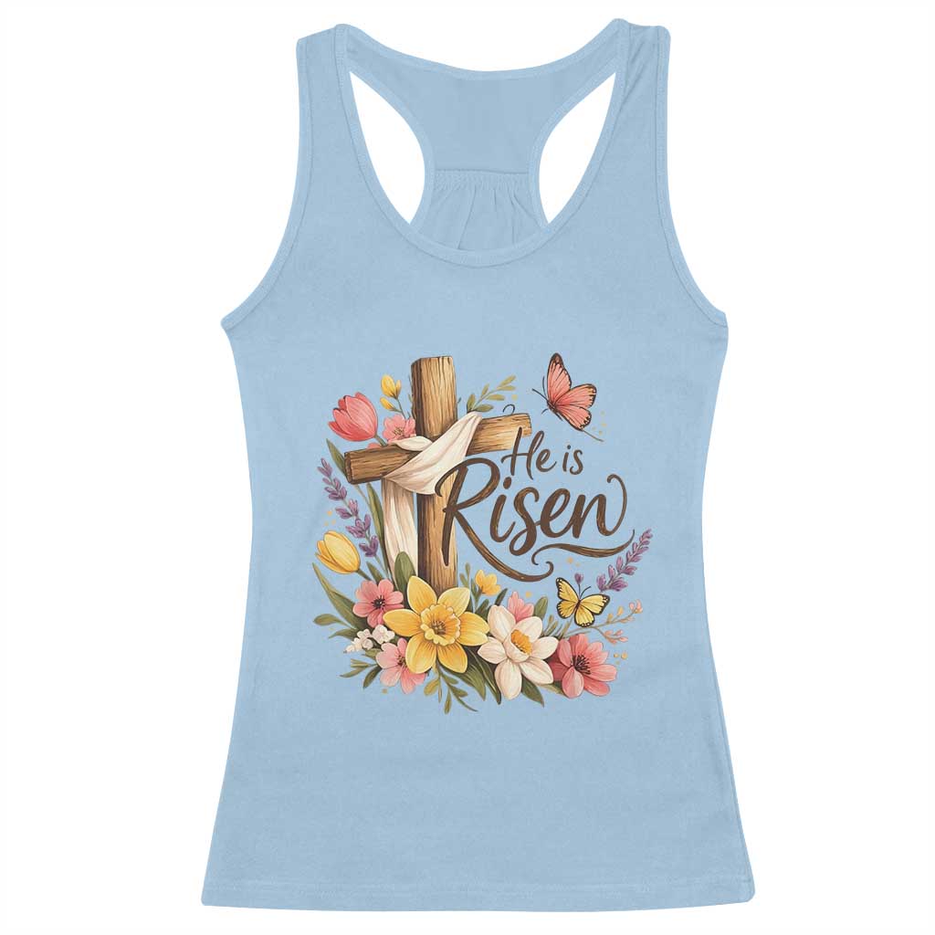 He Is Risen Floral Cross Christian Easter Racerback Tank Top Spring Flowers Butterfly Faith Inspirational Gift