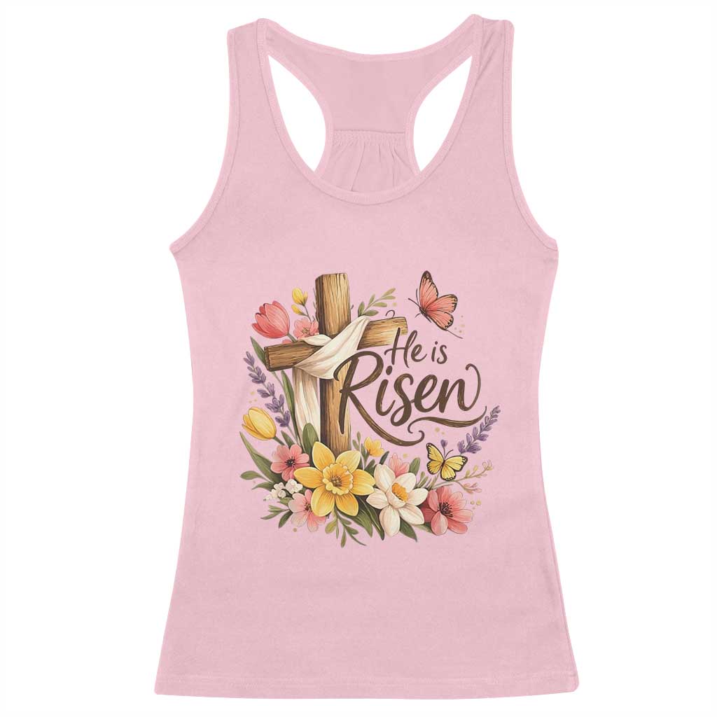 He Is Risen Floral Cross Christian Easter Racerback Tank Top Spring Flowers Butterfly Faith Inspirational Gift