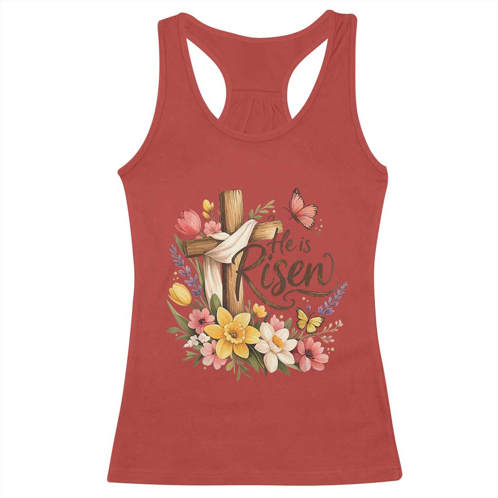 He Is Risen Floral Cross Christian Easter Racerback Tank Top Spring Flowers Butterfly Faith Inspirational Gift