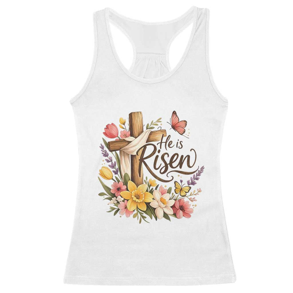 He Is Risen Floral Cross Christian Easter Racerback Tank Top Spring Flowers Butterfly Faith Inspirational Gift