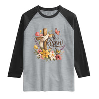 He Is Risen Floral Cross Christian Easter Raglan Shirt Spring Flowers Butterfly Faith Inspirational Gift