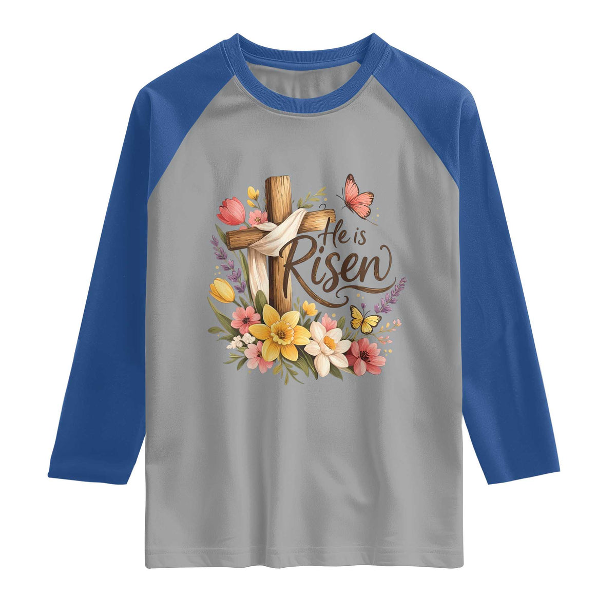 He Is Risen Floral Cross Christian Easter Raglan Shirt Spring Flowers Butterfly Faith Inspirational Gift
