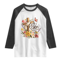 He Is Risen Floral Cross Christian Easter Raglan Shirt Spring Flowers Butterfly Faith Inspirational Gift