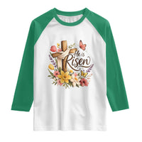 He Is Risen Floral Cross Christian Easter Raglan Shirt Spring Flowers Butterfly Faith Inspirational Gift