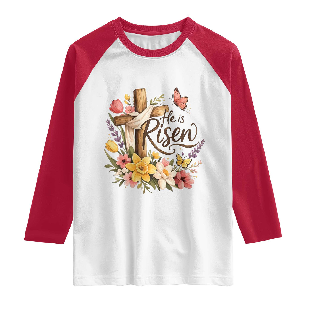 He Is Risen Floral Cross Christian Easter Raglan Shirt Spring Flowers Butterfly Faith Inspirational Gift