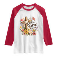 He Is Risen Floral Cross Christian Easter Raglan Shirt Spring Flowers Butterfly Faith Inspirational Gift