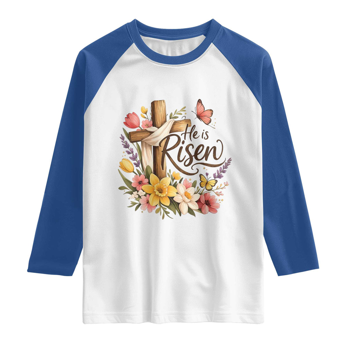 He Is Risen Floral Cross Christian Easter Raglan Shirt Spring Flowers Butterfly Faith Inspirational Gift